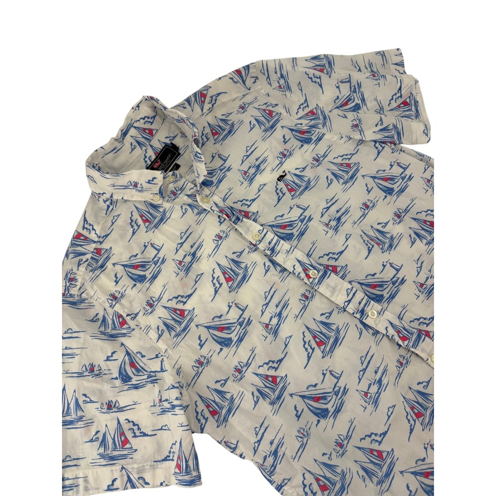 Vineyard Vines Whale Shirt Mens Medium Button Front White Blue Sailboat Print
